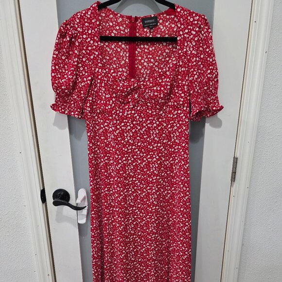 Bardot Red White Floral Midi Dress – Size 8 / Medium – Puff Sleeve Ruched Front - Picture 2 of 9